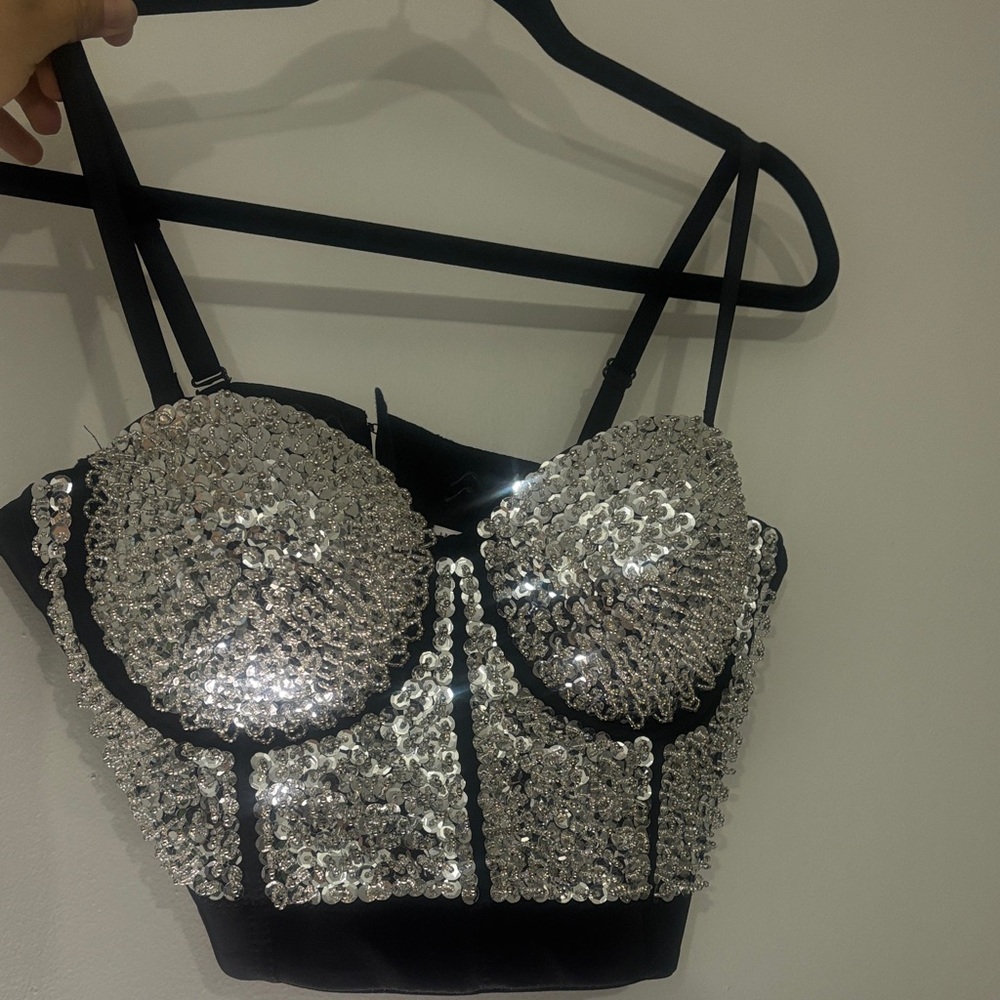 Sequin Embellished Black Corset Top